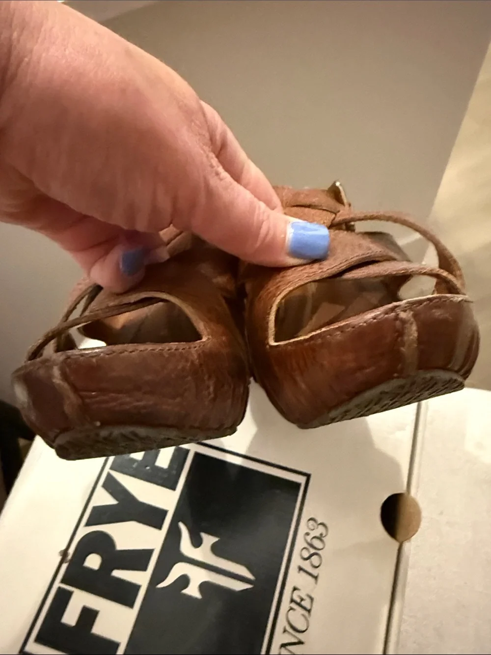 Frye Cognac Brown Leather Crisscross Wedge Sandals